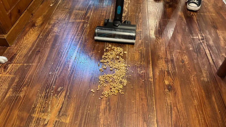 Using the VAX HomePro Detect Pet-Design vacuum cleaner to clean pet hair off hard wood floor