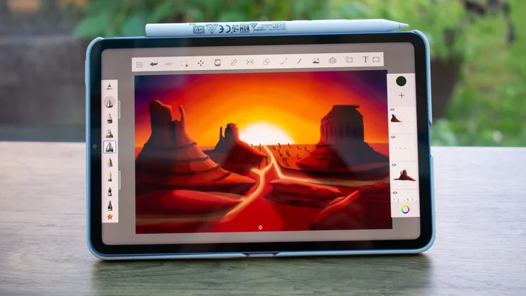Xiaomi Pad Mini in protective case, front view, with sketching app on the display