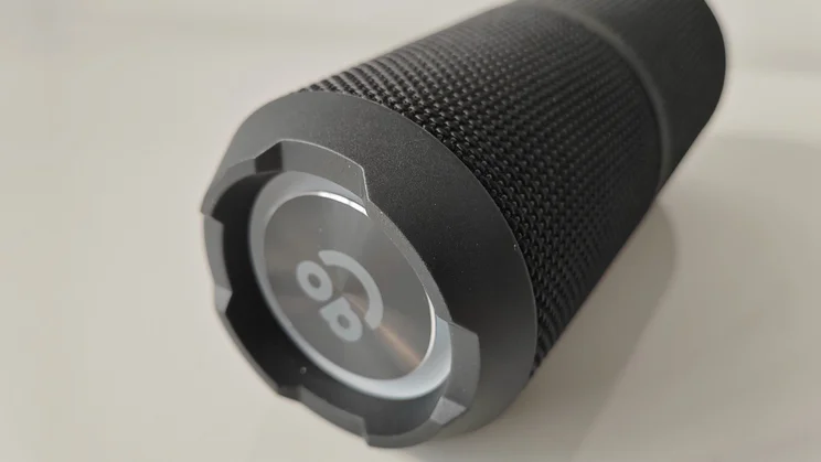 Close-up of the bumper protecting one end of the the AO Portable Wireless Speaker