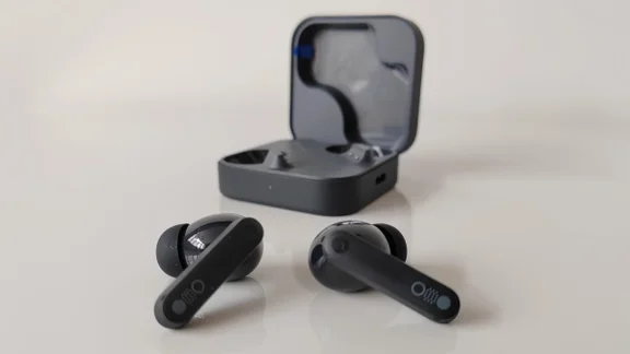 Front view of the CMF Buds Pro 2 outside of their charging case