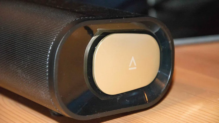 Gold detail on the left end of the Creative Stage Pro soundbar