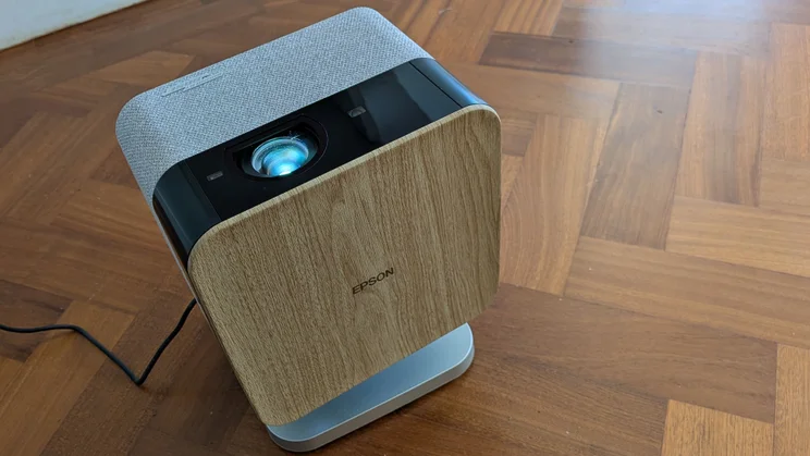 The Epson Lifestudio Flex EF-72 4K projector titled vertically to project onto the ceiling