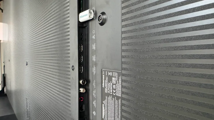 The connection ports on the rear of the Hisense 116UX RGB Mini LED TV