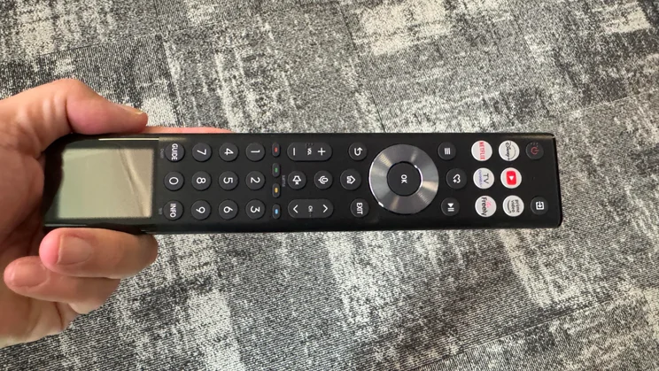 The solar remote control that comes with the Hisense 116UX RGB Mini LED TV