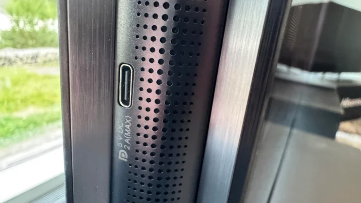 The USB-C Display Port located on the edge of the Hisense 116UX RGB Mini LED TV