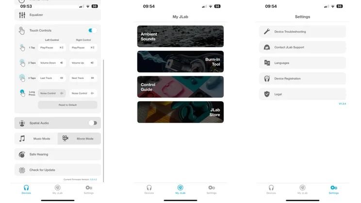 Three screenshots of the JLab app showing the control options and settings