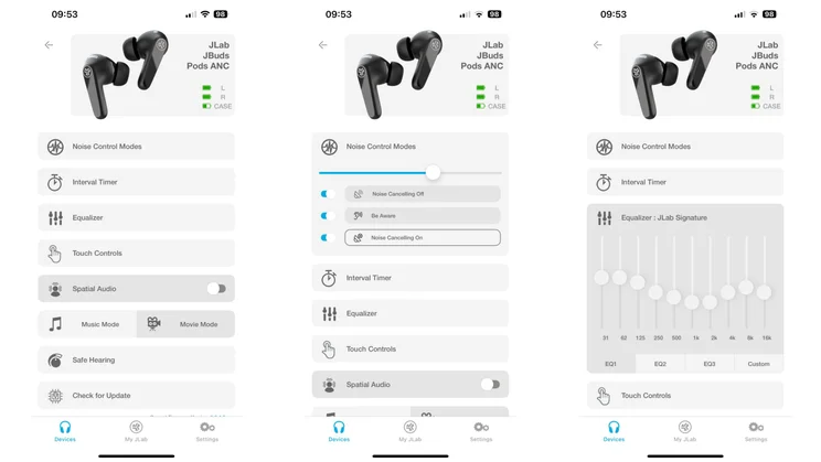 Three screenshots from the JLab app, showing the home screen, noise control and EQ options