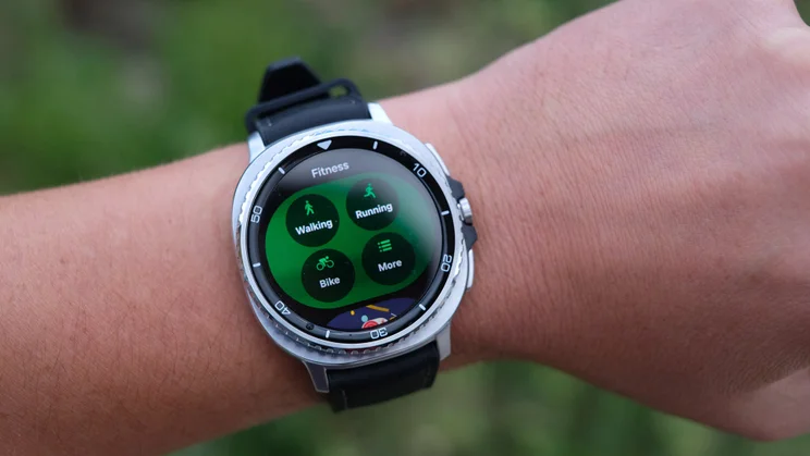 The Samsung Galaxy Watch 8 Classic being worn on a wrist while displaying the various Fitness options