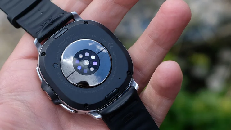 Close-up of the various sensors on the underside of the Samsung Galaxy Watch 8 Classic