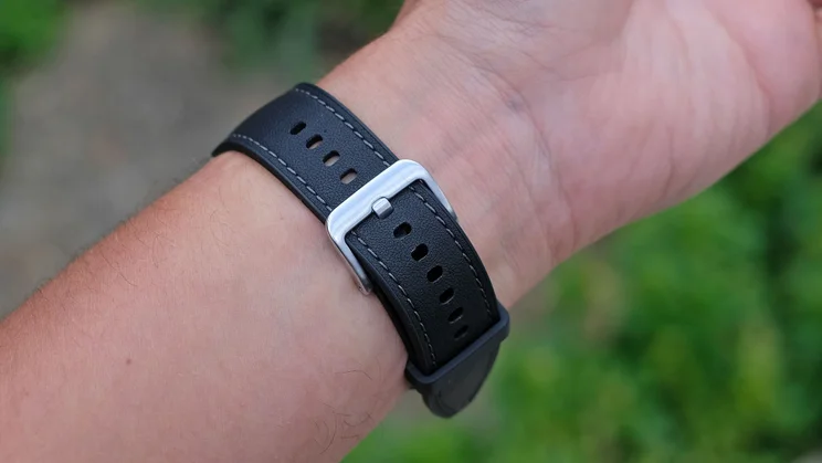 The strap and buckle of the Samsung Galaxy Watch 8 Classic while being worn
