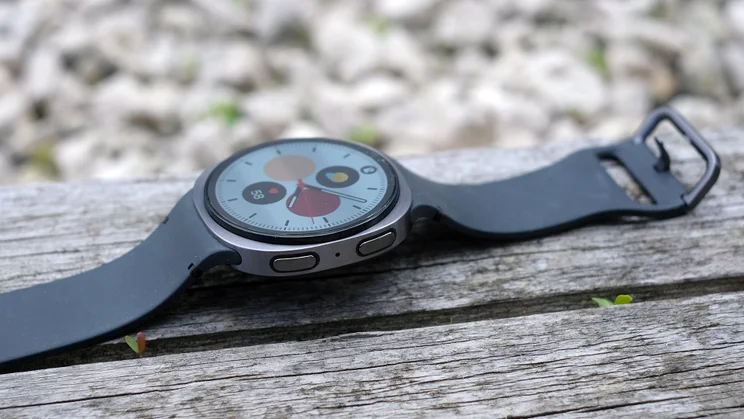 Side view of the Samsung Galaxy Watch 8 on a wooden bench
