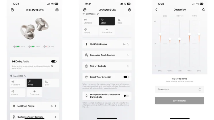 Shokz OpenDots One app screenshots, showing home screen options