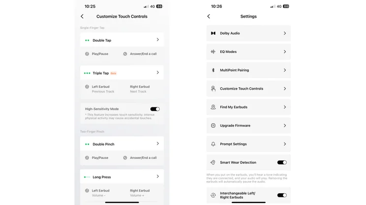 Two screenshots of the Shokz OpenDots One app showing controls and settings cusomisation