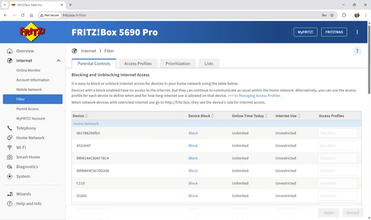 The AVM Fritz!Box-5690 Pro's parental controls settings page