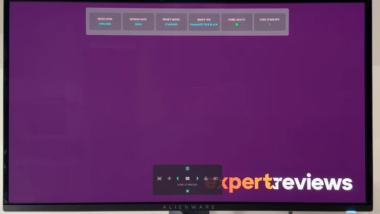 A photograph showing the onscreen menu system of the Alienware AW2725D gaming monitor