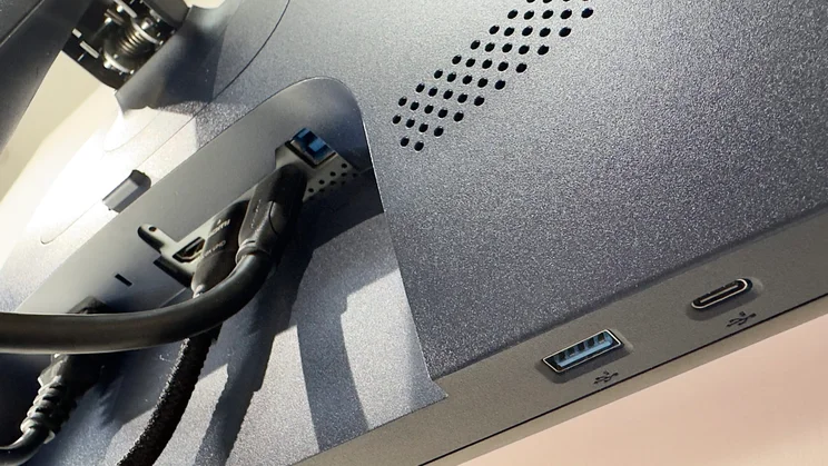 Photograph of the ports on the Alienware AW2725 OLED gaming monitor