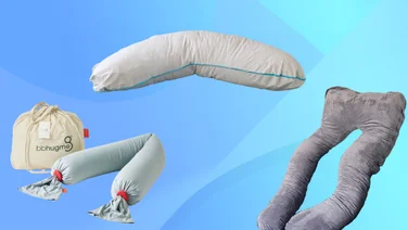 The Bbhugme pregnancy pillow, Nuliie pregnancy pillow and Simba body pillow on a blue background