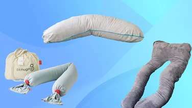 The Bbhugme pregnancy pillow, Nuliie pregnancy pillow and Simba body pillow on a blue background