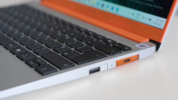 The Framework Laptop 13, open, pictured from the rear right corner