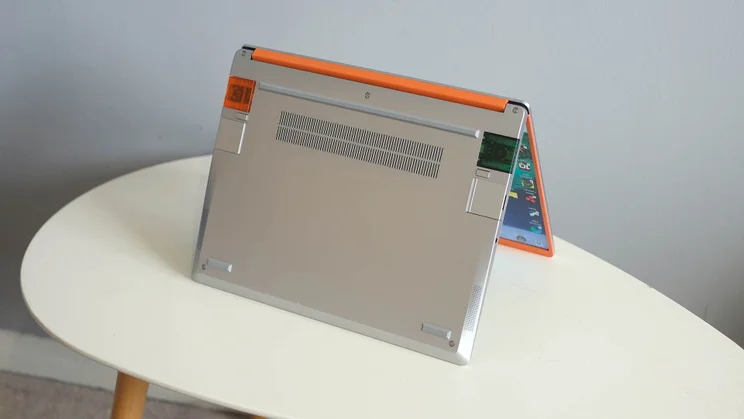 The Framework Laptop 13 stood on a oval table top