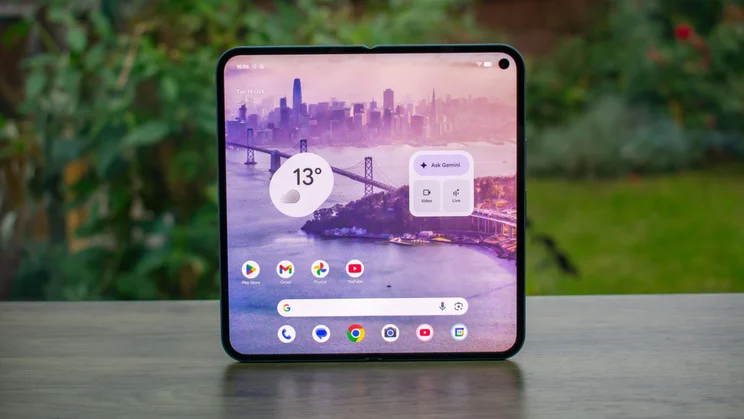 Google Pixel 10 Pro Fold unfolded on a table, display on