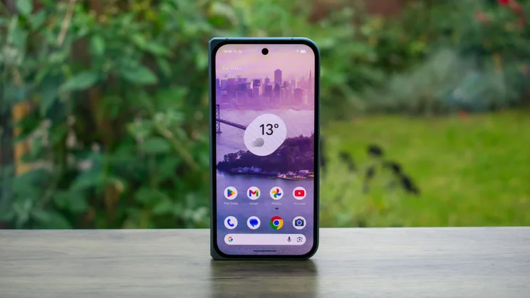 Google Pixel 10 Pro Fold folded on a table, front view with the cover display on