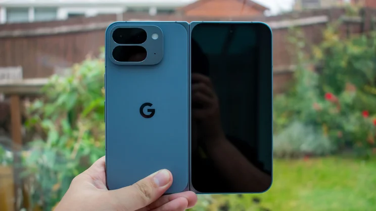 Google Pixel 10 Pro Fold unfolded in hand, rear view