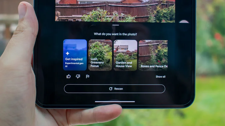 Google Pixel 10 Pro Fold unfolded in hand, showing the camera coach feature on the display