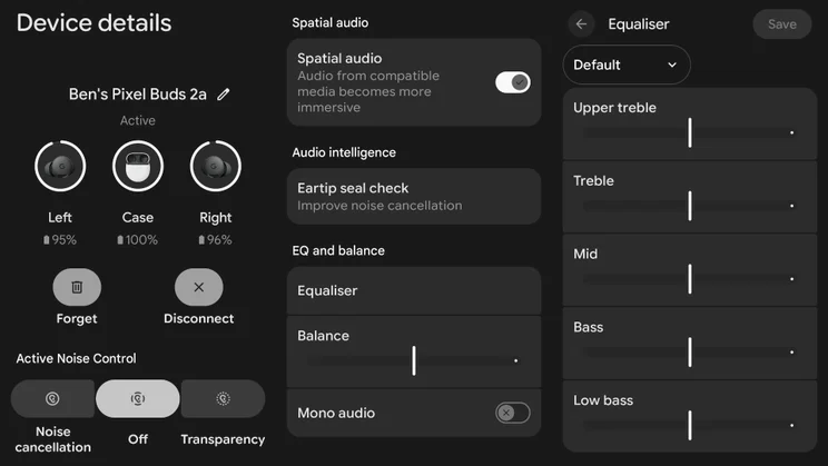 Screenshots from the Google Pixel Buds 2a companion app