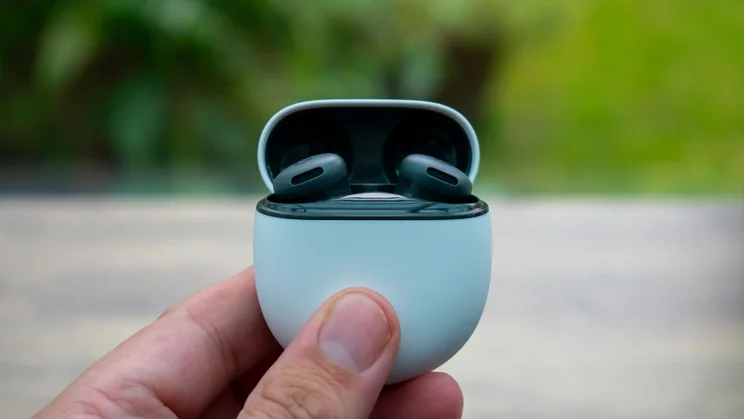 Google Pixel Buds 2a in the charging case, front view