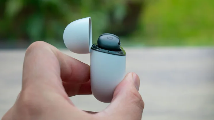 Google Pixel Buds 2a in the charging case, side view