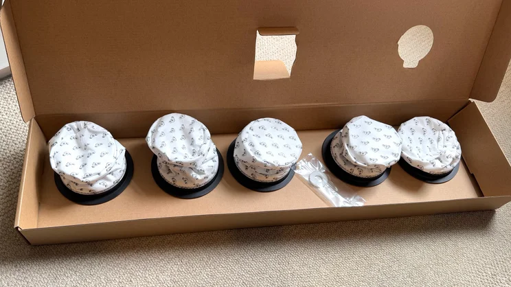 The Henry Quick Corded vacuum cleaner's dust pods - lined up in an open cardboard box