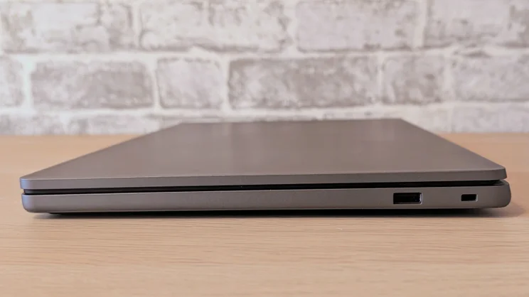 The LG Gram Book AI, closed, pictured from the right edge