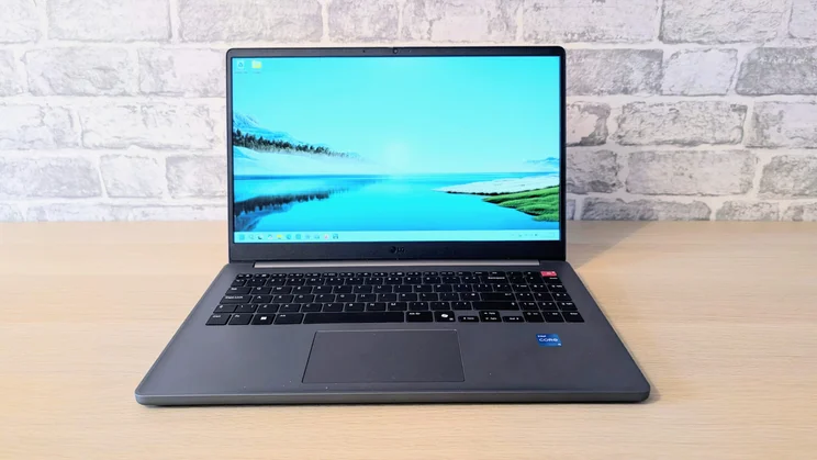 LG Gram Book AI, open on a wood desk, facing forwards