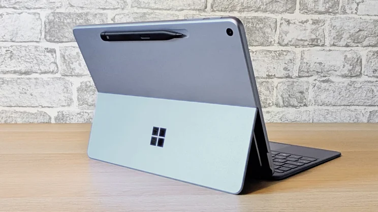 Microsoft Surface Pro 12-inch pictured with its keyboard and Surface Pen from the rear