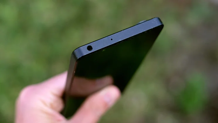 Sony Xperia 1 VII in hand, showing the top edge and headphone jack