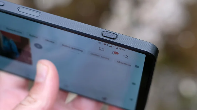 Sony Xperia 1 VII in hand, showing the camera button
