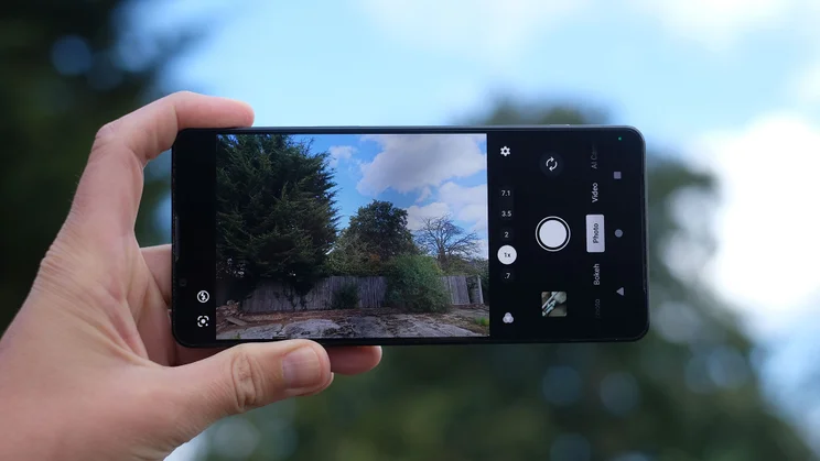 Sony Xperia 1 VII in hand, camera app open