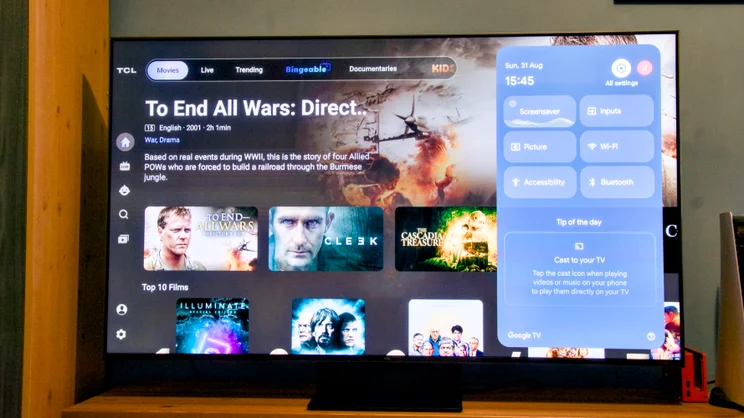 A photograph showing the TCL C7K's onscreen settings menu