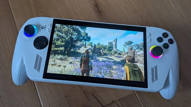 The Asus ROG Xbox Ally gaming handheld displaying gameplay from A Plague Tale: Requiem