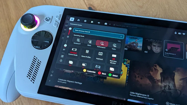 The Armory Crate menu on the Asus ROG Xbox Ally gaming handheld