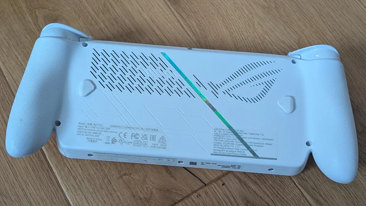 Rear view of the Asus ROG Xbox Ally gaming handheld