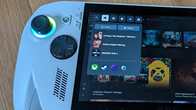 Close-up of the Xbox menu on the Asus ROG Xbox Ally gaming handheld