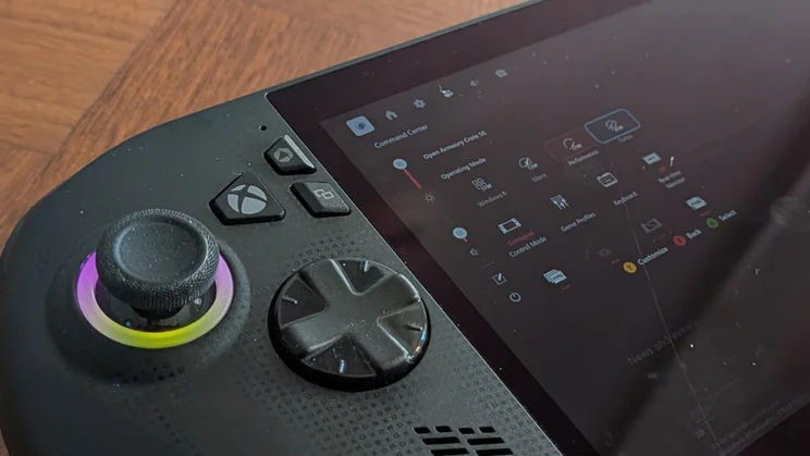 Close-up of the left handgrip of the Asus ROG Xbox Ally X gaming handheld showing the D-pad, left joystick and Xbox button