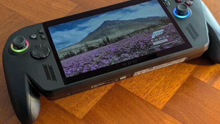 The Asus ROG Xbox Ally X gaming handheld displaying the title screen of Forza Horizon 5