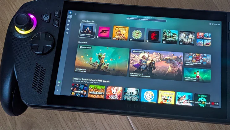The Xbox homepage being displayed on the Asus ROG Xbox Ally X gaming handheld
