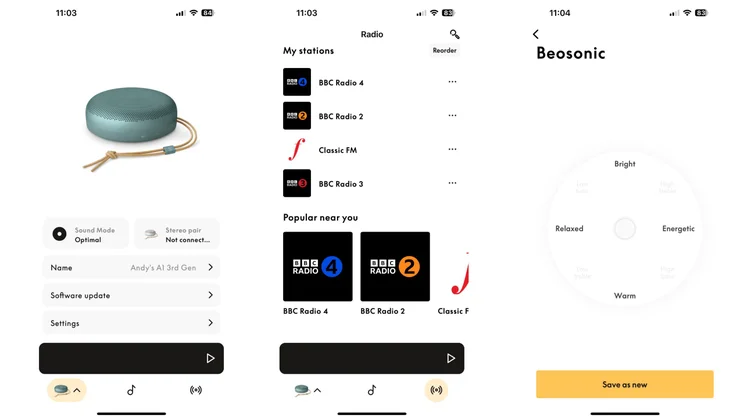 Three screenshots from the Bang & Olufsen app showing the homepage, internet radio player and Beosonic audio customisation