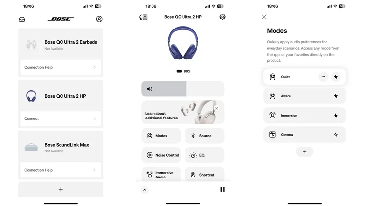 Three screenshots from the Bose app showing the connection page, home page and mode options