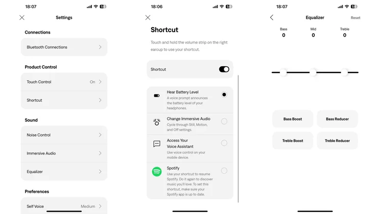 Three screenshots from the Bose app showing the settings, shortcut and EQ options