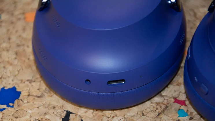 The headphone jack and USB-C port on the left earcup of the Bose QuietComfort Ultra Headphones (2nd Gen)